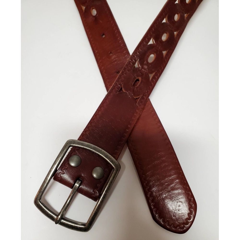 Lucky Brand Belt S Cognac Leather Pierced Tooled Leather Cowgirl Pewter Buckle - Picture 1 of 8